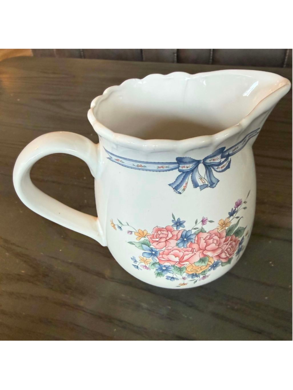 Vintage White Floral Decorated Ceramic Pitcher Serveware Kitchen Decor